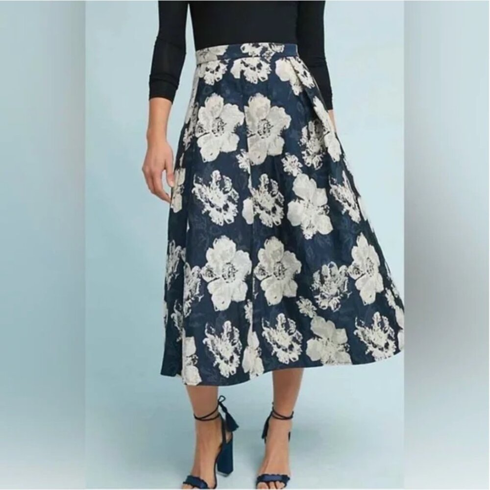 NWT Anthropologie Eva Franco Navy and White Floral Jacquard A-Line Skirt